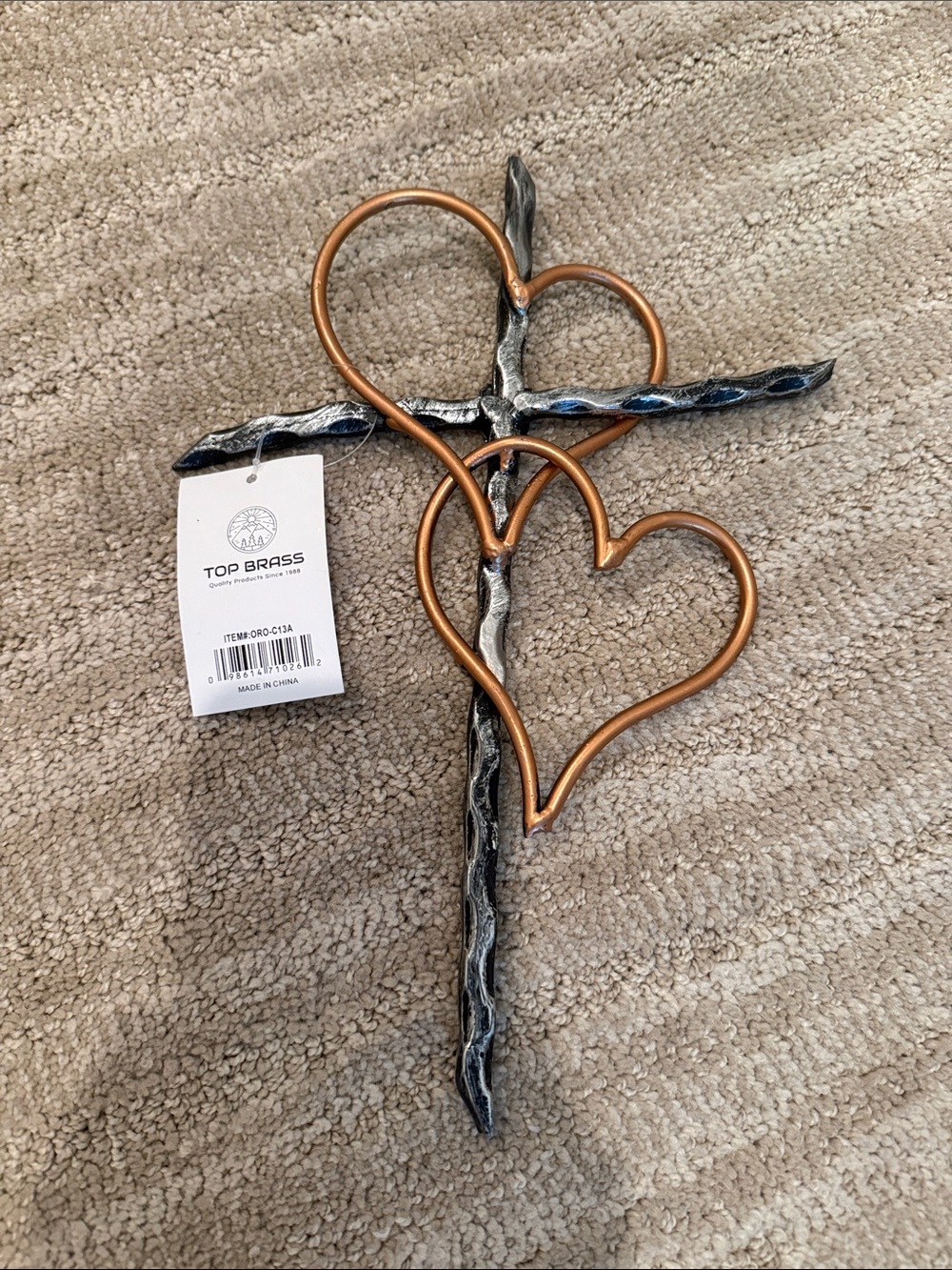 Two-Heart Cross Wall Art in Copper and Silver